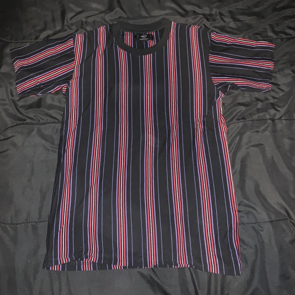 Black, Red, White, and Purple Striped Shirt